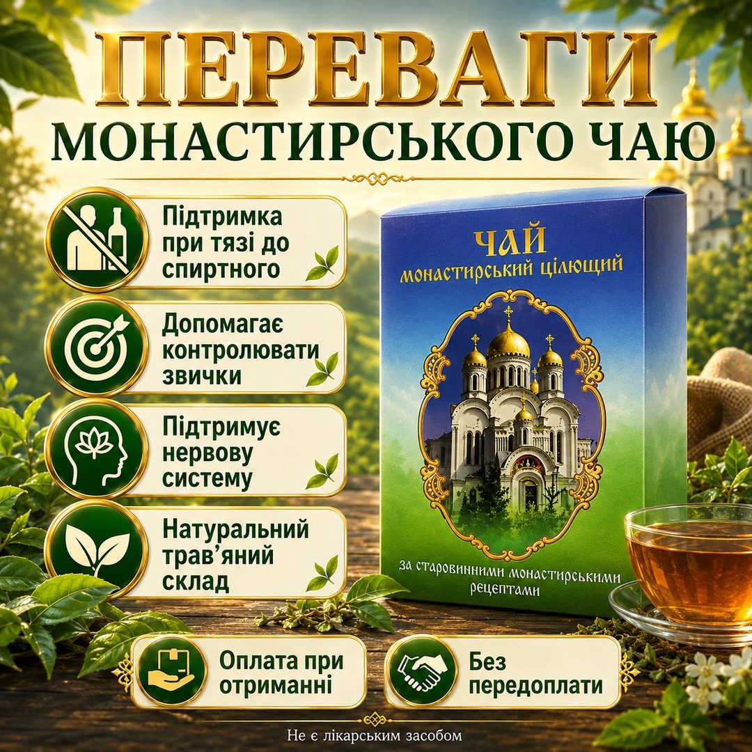 Переваги монастирського чаю: підтримка при тязі до спиртного, допомагає контролювати звички, підтримує нервову систему, натуральний трав'яний склад