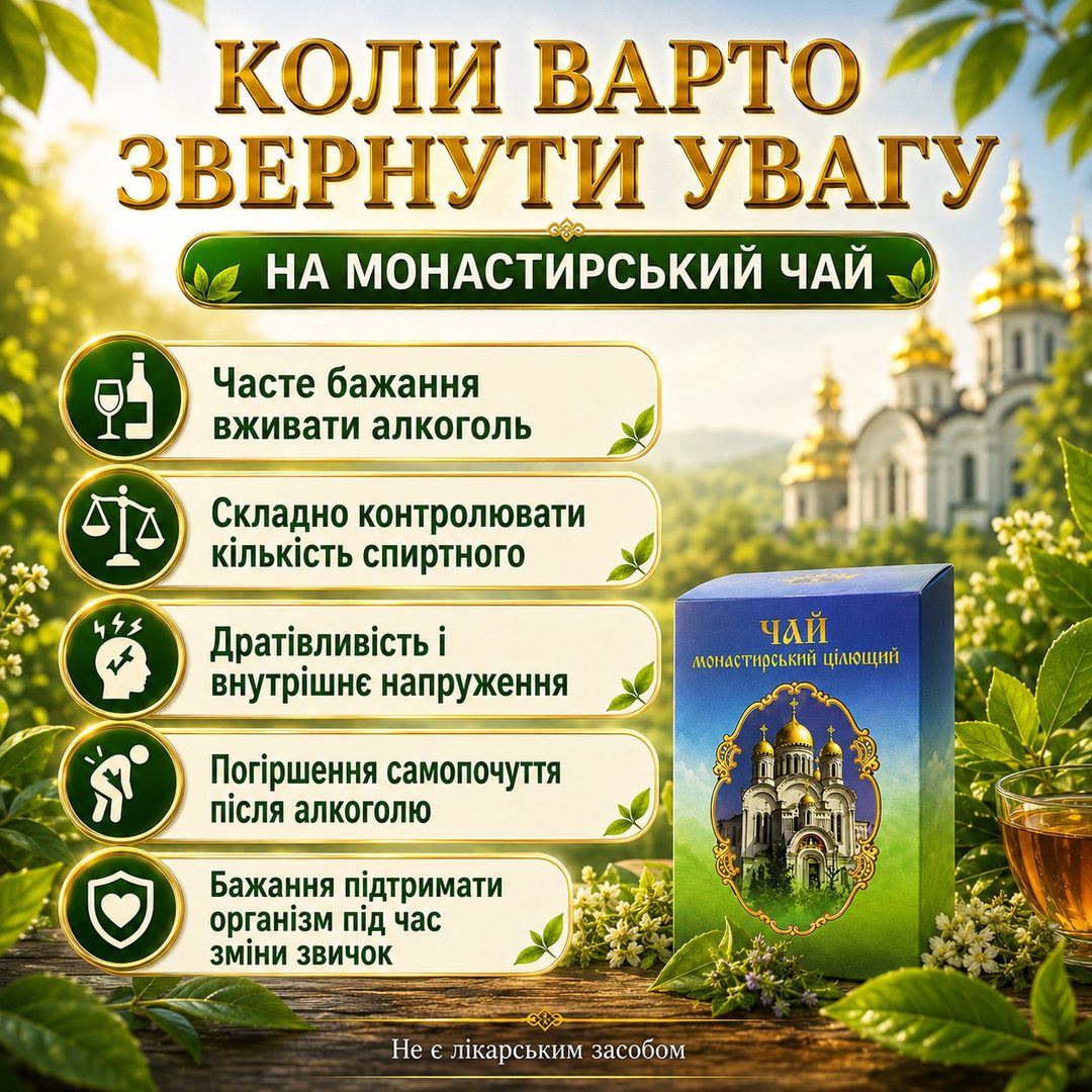 Коли варто звернути увагу на монастирський чай: часте бажання вживати алкоголь, складно контролювати кількість спиртного, дратівливість та напруження, погіршення самопочуття після алкоголю