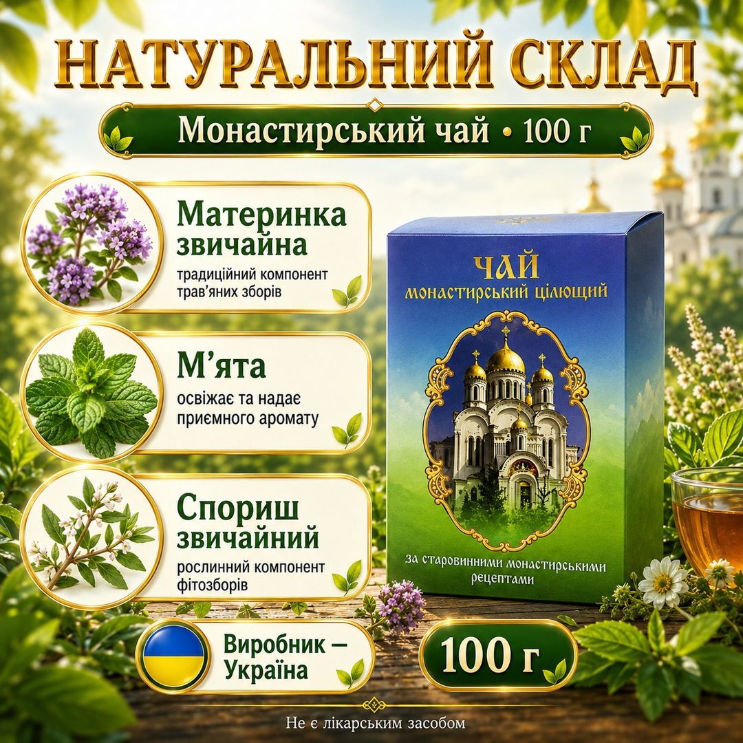 Натуральні компоненти монастирського чаю: материнка звичайна, м'ята, спориш, 100 г, виробництво Україна